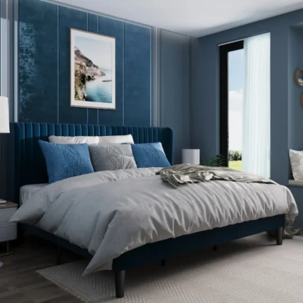 lapis – navy blue wing back king size bed