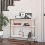 calix – golden metallic frame console table with geometric legs