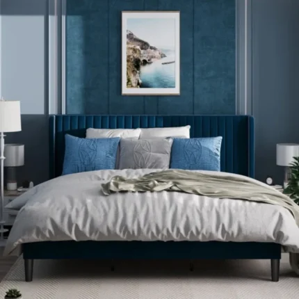 lapis – navy blue wing back king size bed