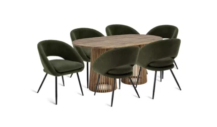 grub – seven piece modern dining table set in walnut brown & green