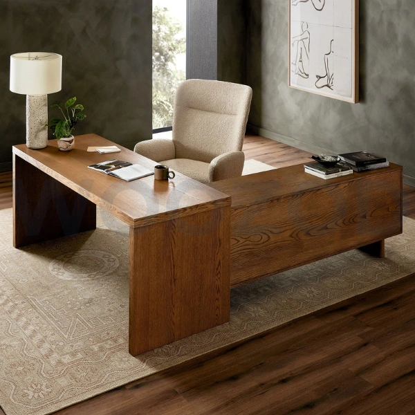 L-Shape Manager Table in medium brown wood with leatherite cabinets.