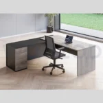 L Shape Executive Manager Table in Brown and Black Finish with Storage Drawers.