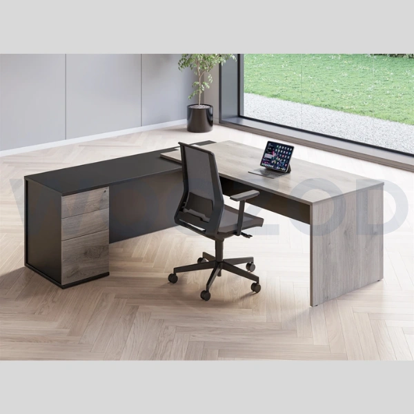 L Shape Executive Manager Table in Brown and Black Finish with Storage Drawers.