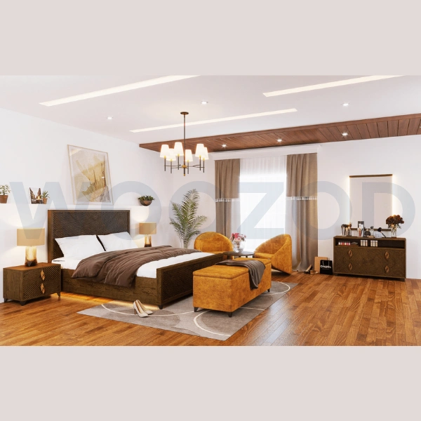 Wingrove Bed Set with Upholstered Bed, Side Tables, Dresser, Mirror, and Ottoman.