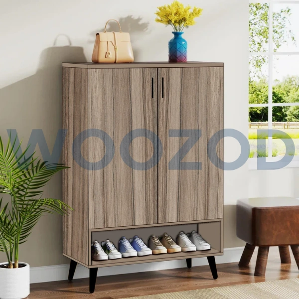 Woozod 24 Pair Shoe Storage Cabinet – wooden shoe organizer with shelves, strong hinges, and customizable finish.