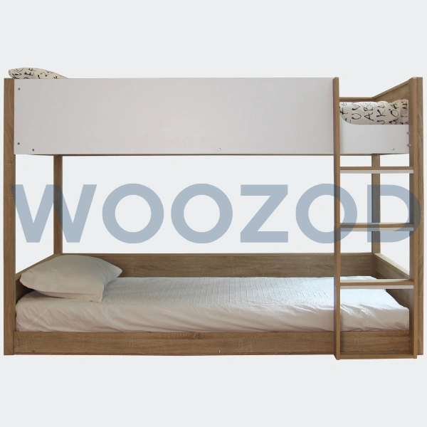 Woozod ADLEE White & Brown Bunk Bed with Ladder and Guardrails – solid wood kids bunk bed.