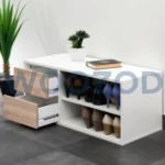 Woozod Aeon Two Drawer Two Shelf Shoe Rack – white and oak brown compact shoe rack with drawers and shelves.