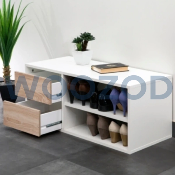 Woozod Aeon Two Drawer Two Shelf Shoe Rack – white and oak brown compact shoe rack with drawers and shelves.
