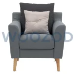 Woozod Alcide Armchair in light grey fabric upholstery with solid wood frame and cushioned seat.