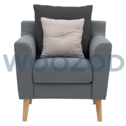 Woozod Alcide Armchair in light grey fabric upholstery with solid wood frame and cushioned seat.