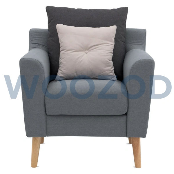 Woozod Alcide Armchair in light grey fabric upholstery with solid wood frame and cushioned seat.