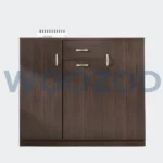 Woozod Almira Brown Shoe Storage Cabinet – dark brown wooden shoe cabinet with three doors and shelves for 22 pairs of shoes.