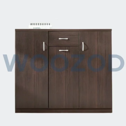 Woozod Almira Brown Shoe Storage Cabinet – dark brown wooden shoe cabinet with three doors and shelves for 22 pairs of shoes.