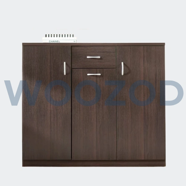 Woozod Almira Brown Shoe Storage Cabinet – dark brown wooden shoe cabinet with three doors and shelves for 22 pairs of shoes.