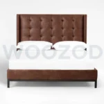 "Dark Brown Faux Leather King Size Bed by Woozod""King size bed in dark brown faux leather with button tufted headboard"="Woozod Dark Brown Faux Leather King Bed with metallic legs"