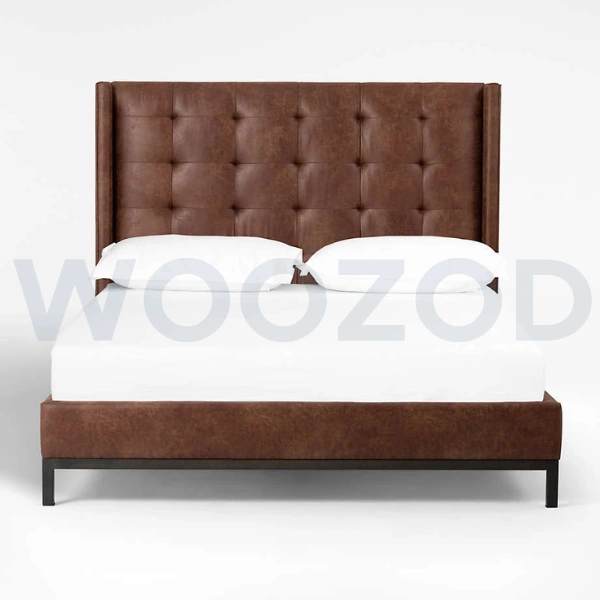 "Dark Brown Faux Leather King Size Bed by Woozod""King size bed in dark brown faux leather with button tufted headboard"="Woozod Dark Brown Faux Leather King Bed with metallic legs"