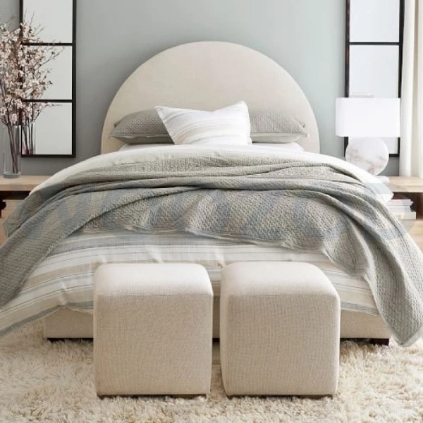 Woozod Oatmeal Jute Fabric Queen Size Bed front view Oatmeal Jute Fabric Bed with Oval Headboard Woozod Queen Bed in Oatmeal Color