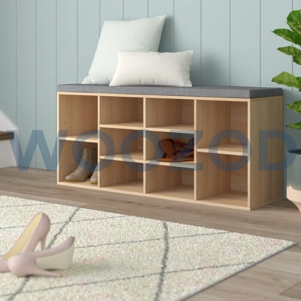 Woozod Beach Storage Chubby Shoe Rack – oak brown shoe organizer with 10 cubbies and bench-style top.