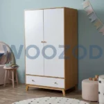 Woozod Bramwell Scandinavian Design Kids Cupboard – white and oak brown wardrobe with shelves, rods, and drawer by Woozod Furniture.