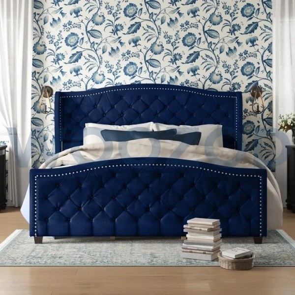 Royal Blue Velvet Bed King Size, Blue Velvet Tufted Bed,