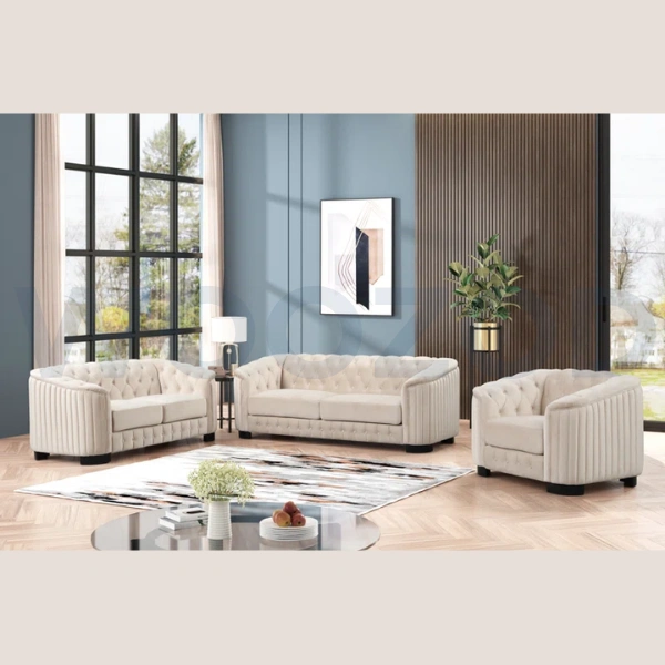 Off White Velvet Sofa Set with Curved Arms and Black Wooden Legs.