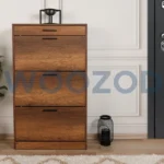 Woozod Cirel Textured Brown Flip Style Shoe Cabinet – modern brown shoe cabinet with flip compartments and black handles.
