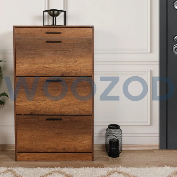 Woozod Cirel Textured Brown Flip Style Shoe Cabinet – modern brown shoe cabinet with flip compartments and black handles.