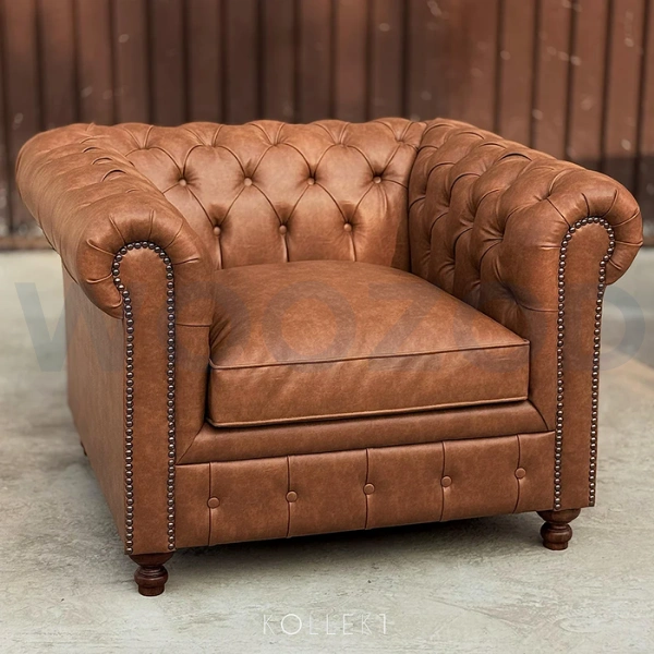Chesterfield Sofa – Classic Tufted Leather Couch with Rolled Arms and Faux Leather Upholstery.