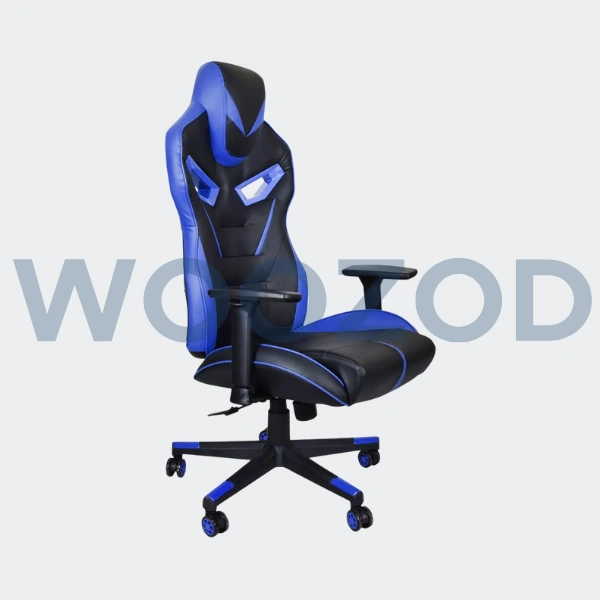 Woozod Corsair T3 Rush Gaming Chair in blue and black leather with adjustable arms, headrest, and ergonomic lumbar support.