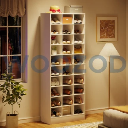 Woozod Cubbies Thirty Cube White Shoe Rack – modern 30-compartment white shoe organizer by Woozod Furniture.