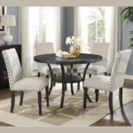 Woozod DACIE round dining table set with espresso top and off-white jute chairs.