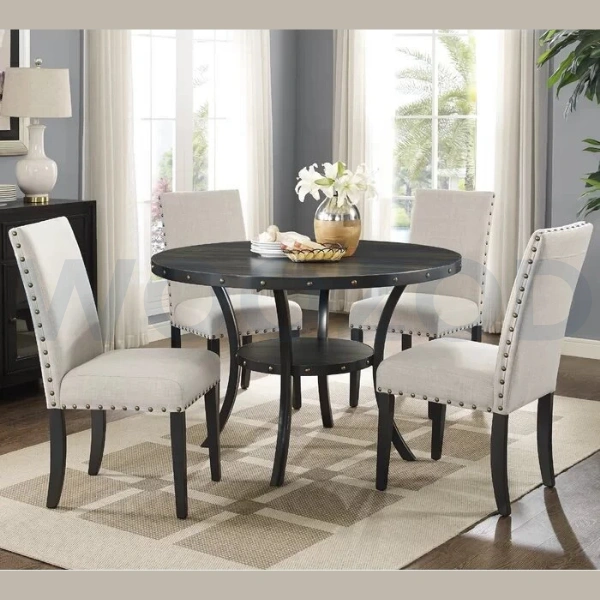 Woozod DACIE round dining table set with espresso top and off-white jute chairs.
