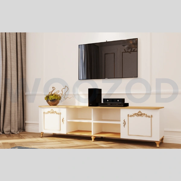 Diva TV Unit – Modern Wooden Entertainment Console with Golden Handles and Victorian Legs.