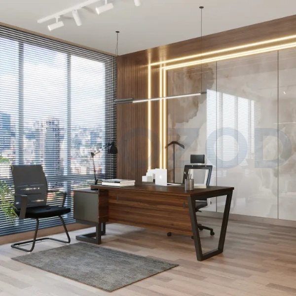 Woozod Optimus Executive Table with Side Rack featuring melamine matte finish and MS powder-coated frame.