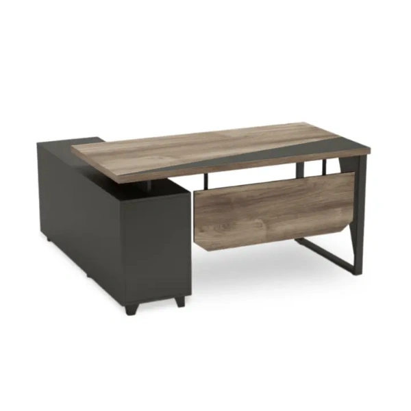 Woozod Dynamo Manager Table in matte wood finish with 3 drawers and MS steel legs.