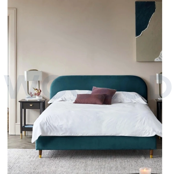 Teal Blue Velvet King Bed with Brass Legs,Wooden King Bed with Velvet Upholstery,Luxury Velvet Bed for Contemporary Bedroom.