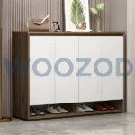 Woozod Elm Dual Tone Four Door Shoe Cabinet – dark brown and white modern shoe cabinet with handleless doors and open shelf.