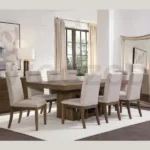 Woozod FORTE modern dining table set with beige jute chairs and medium brown polish finish.