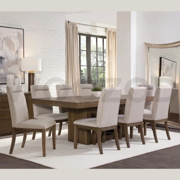 Woozod FORTE modern dining table set with beige jute chairs and medium brown polish finish.