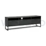 Modern black 63-inch TV stand with metal frame and textured wood finish.
