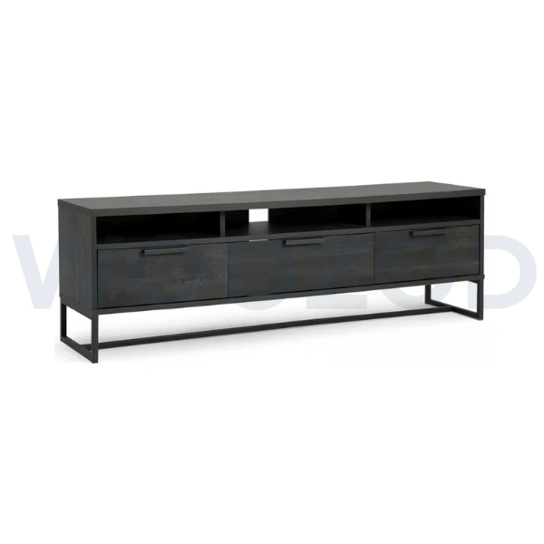 Modern black 63-inch TV stand with metal frame and textured wood finish.