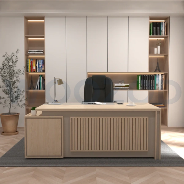 Woozod Executive Table with MDF Wood Finish and Side Rack for Senior Management.