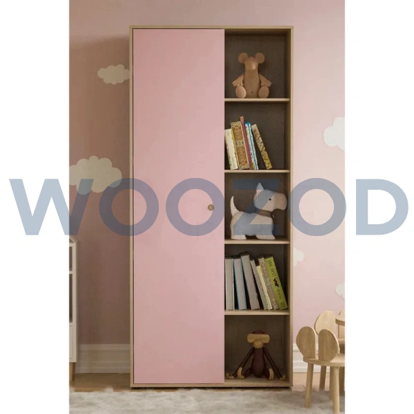 Woozod Henlo Oak Brown and Pink Single Door Kids Wardrobe – modern kids’ wardrobe with shelves and hanging rods.