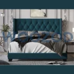 Woozod Teal Blue Velvet King Size Bed front view Woozod Teal Blue Velvet King Size Bed headboard detail Woozod Teal Blue Velvet Bed with nailhead trim
