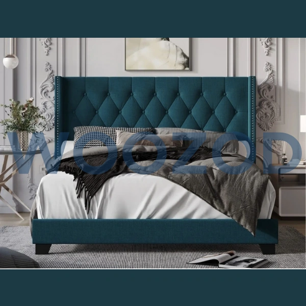 Woozod Teal Blue Velvet King Size Bed front view Woozod Teal Blue Velvet King Size Bed headboard detail Woozod Teal Blue Velvet Bed with nailhead trim