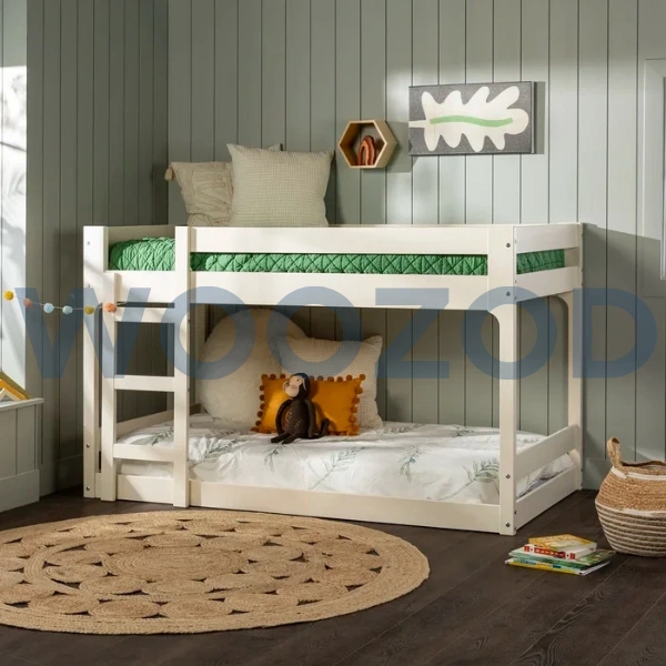 Woozod Koyka White Bunk Bed with sturdy three-step ladder and white finish.