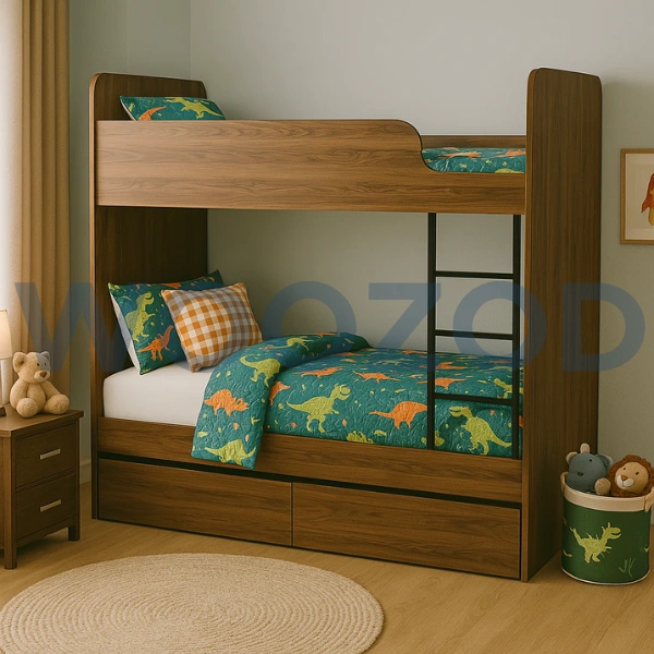 Woozod Littleton Bunk Bed with 2 Attached Drawers in brown with metal frame and built-in storage.