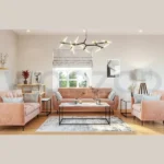 Louver Sofa Set in velvet upholstery with wooden legs and tufted design.