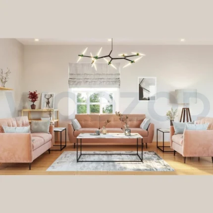 Louver Sofa Set in velvet upholstery with wooden legs and tufted design.