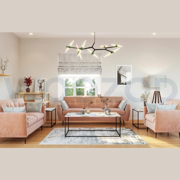 Louver Sofa Set in velvet upholstery with wooden legs and tufted design.